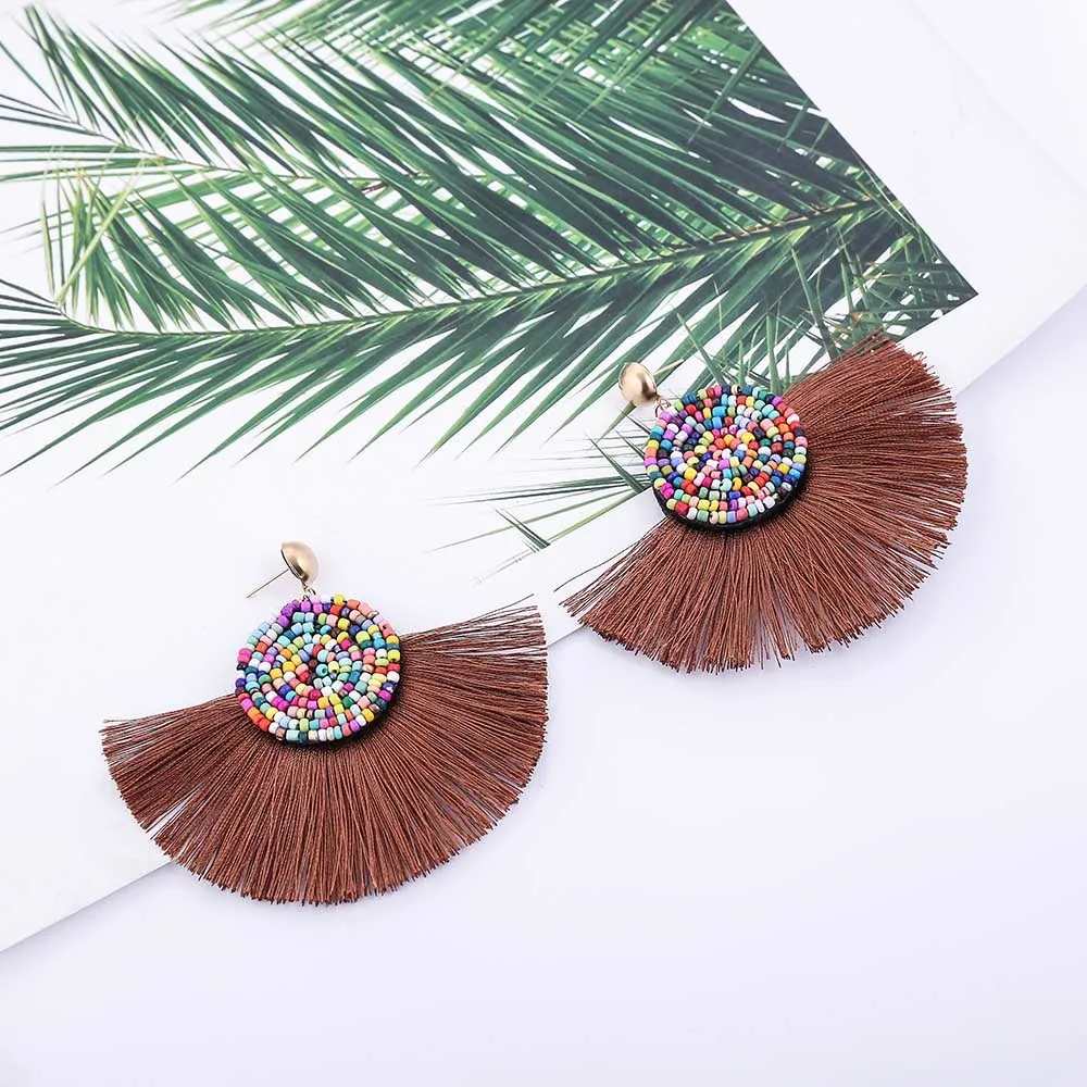 E5753 Trendy Drop Earrings RoundWomenLongBohemianBlueBeadsBalckMetalBohoHandmadeGold Tassel Earrings 2018 Jewelry
