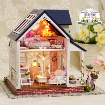 

DIY Handmade Wooden Dollhouse Miniature With House Furniture Toy Gift For Children Bicycle Angle Kit Gift For girl Children