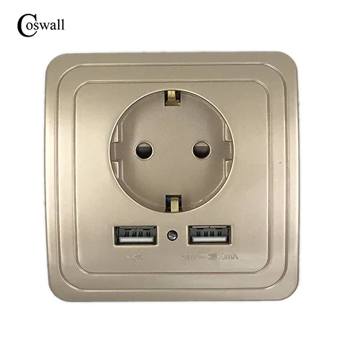 COSWALL, двойной USB порт, настенное зарядное устройство, адаптер для зарядки, 2А, настенное зарядное устройство, адаптер, штепсельная вилка европейского стандарта, розетка, электрическая панель с заземлением - Тип: Gold