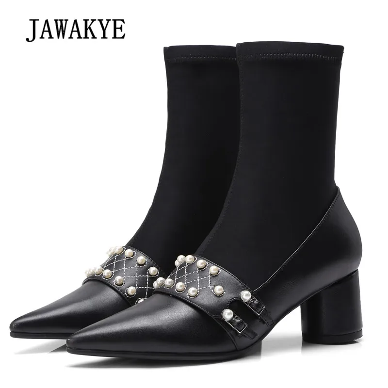 

2018 Chic Stretch Ankle Boots Women Pointed Toe Pearl Chain High Heel Shoes Woman Party Shoes