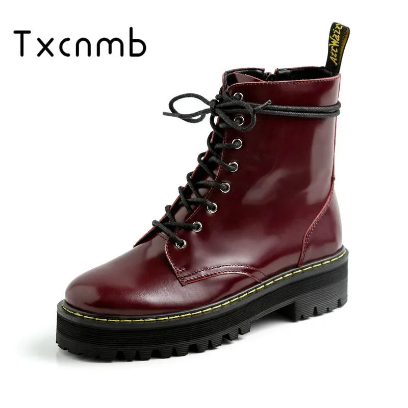

TXCNMB 2019 Top Quality Solid Genuine Leather Women Ankle Boots Lace Up Round Toe Heels Basic Office Boots Autumn Winter Shoes