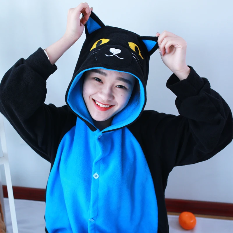 Blue Belly Midnight Cat Pajamas Animal Cosplay Costume Coral Fleece