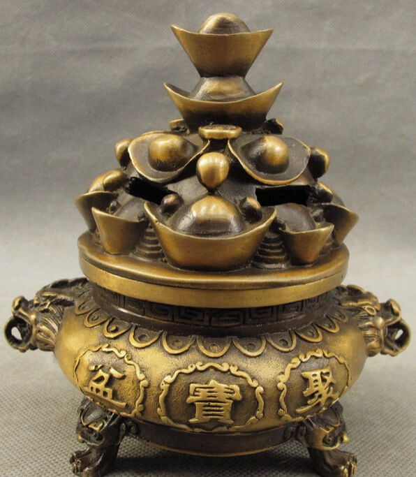 

song voge gem S4456 Folk Chinese Bronze Lion Head Statue Treasure Bowl YuanBao Incense Burner Censer