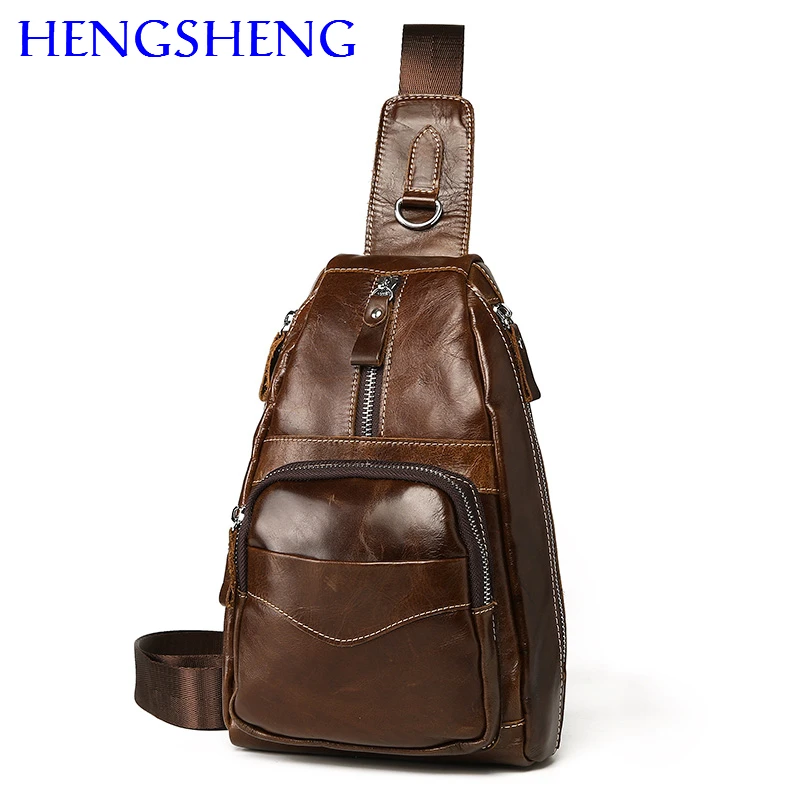Hengsheng factory outlets genuine leather men chest bags of zipper open