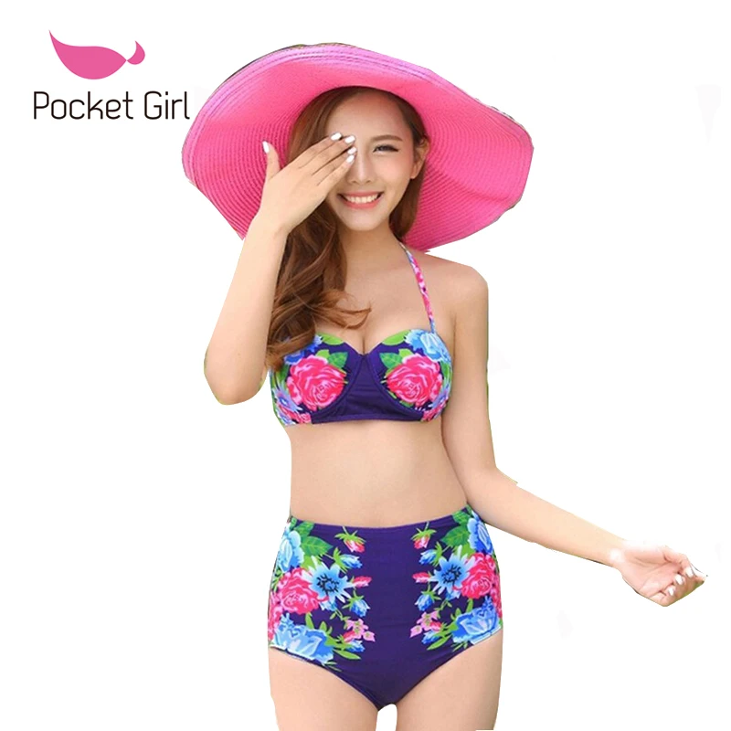

2016 Women Bikini Ladies Push Up Swimming Suit Print Bikini Flower Pattern Plus Size XXL High Waist Bikini Bandeau Beach Wear