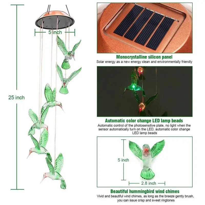 BESTOYARD Цвет-Изменение светодиодный Solar Wind Chime светодиодный Изменение свет Цвет Водонепроницаемый шесть Колибри колокольчиков для декора сада