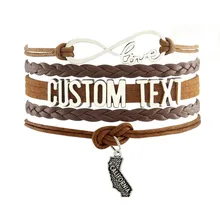 Прямая Браслет «бесконечность» пользовательский текст цвет кожаный шнурок браслет califoria очаровательный подарок на Рождество
