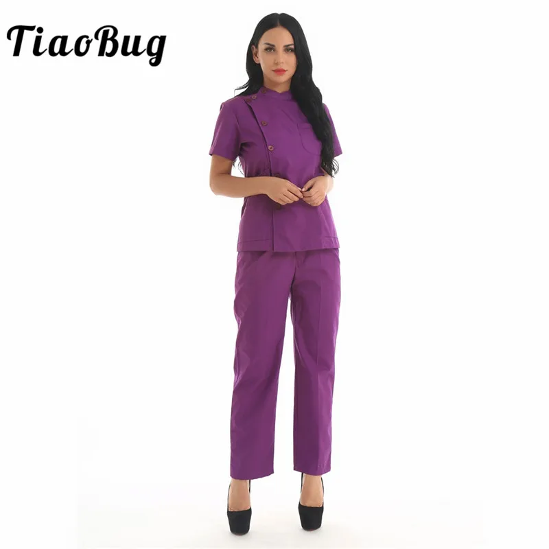 

TiaoBug Adult Women Medical Lab Coat Hospital Doctor Nurse Uniform Set Short Sleeve Tops with Elastic Waist Long Pants Costume