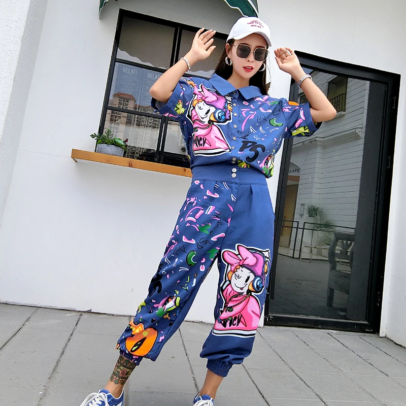 

Hip-hop popular logo 2018 new graffiti letters women's nine-point trousers with high waists and slim loose-fitting Rompers
