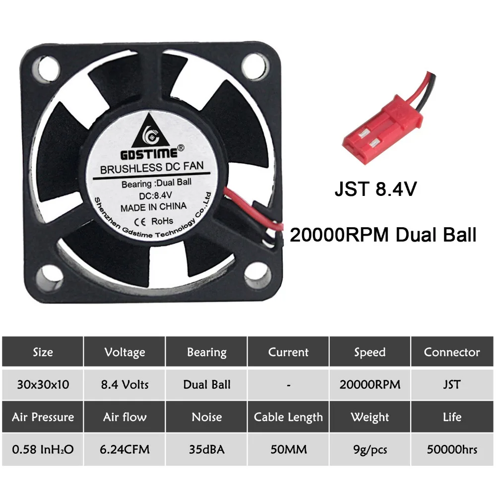 20 шт Gdstime 3010 30x30x10 мм 30 мм 3 см 8,4 в два шариковых подшипника JST DC бесщеточный охлаждающий вентилятор