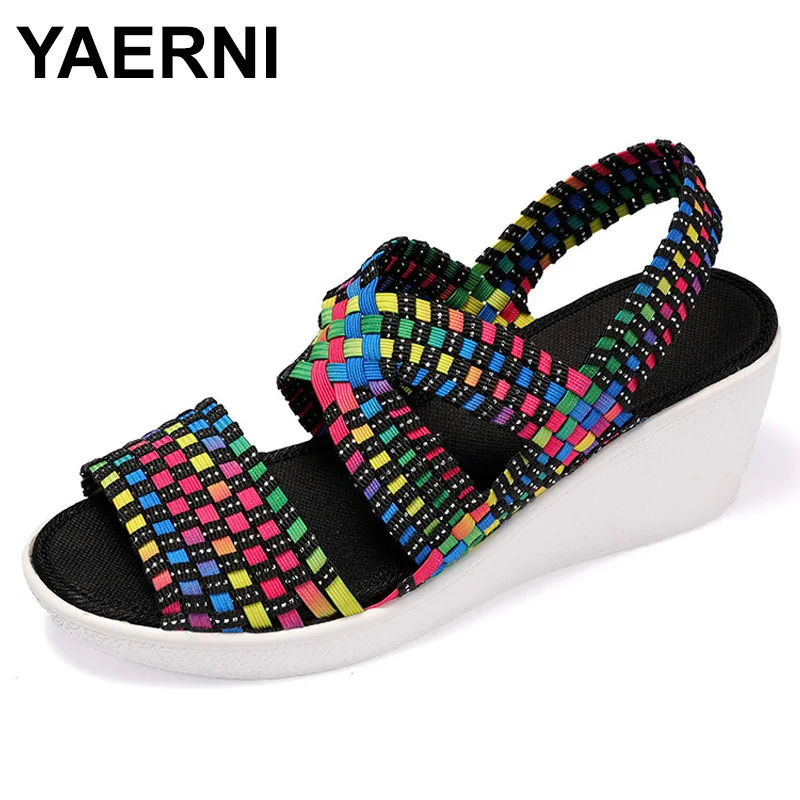 melhor Sandálias Sandálias de Verão Sapatos de Plataforma Deslizamento Em Tecido YAERNIWomen Handmade Wedge Calçados Respirável Mulheres Multi Cores Tamanho Grande