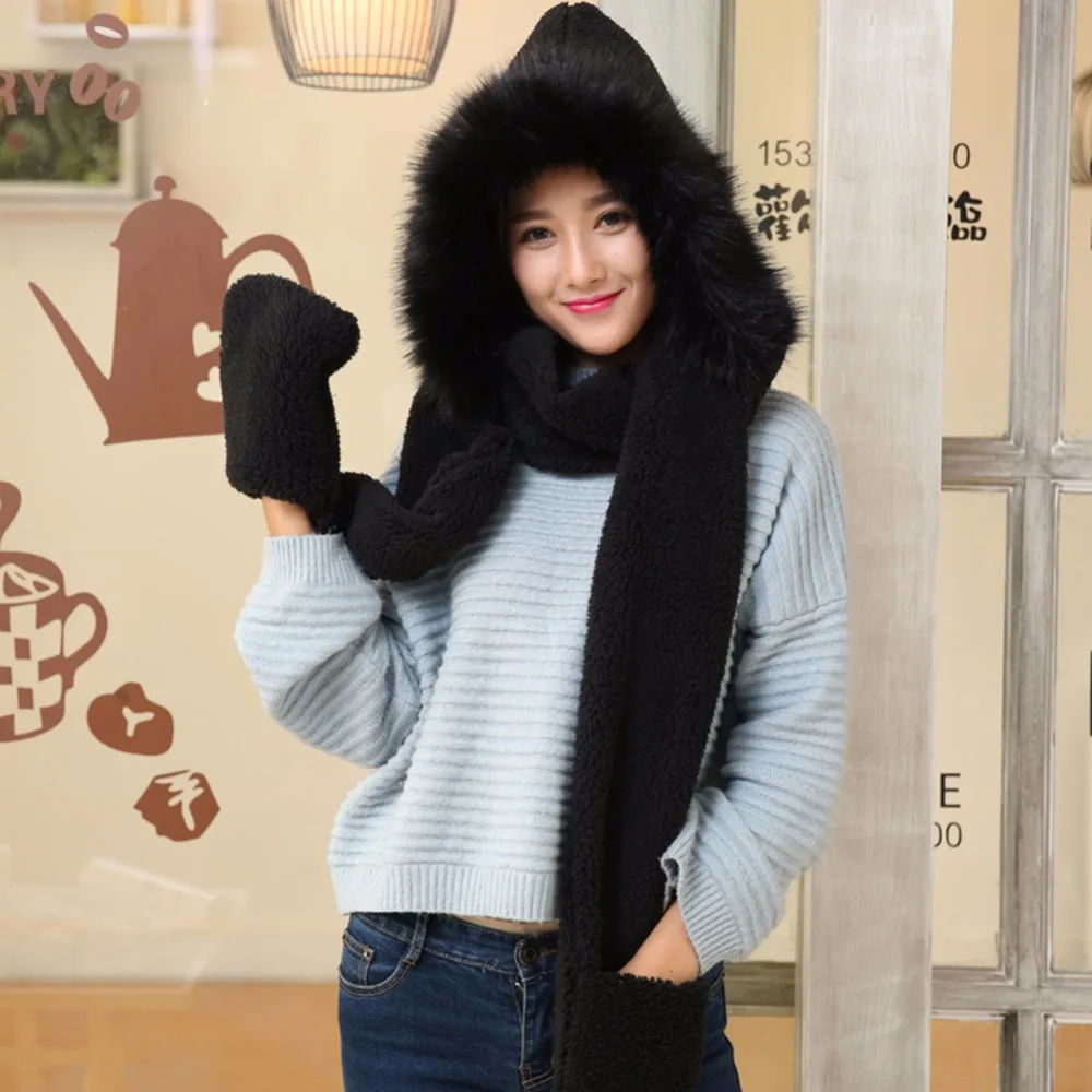 Koop 3Psc Leuke vrouwen winter warm zachte pluche faux fur hooded cap sjaal handschoenen Meisjes dikke kasjmier hoeden sjaals en handschoenen sets 2017