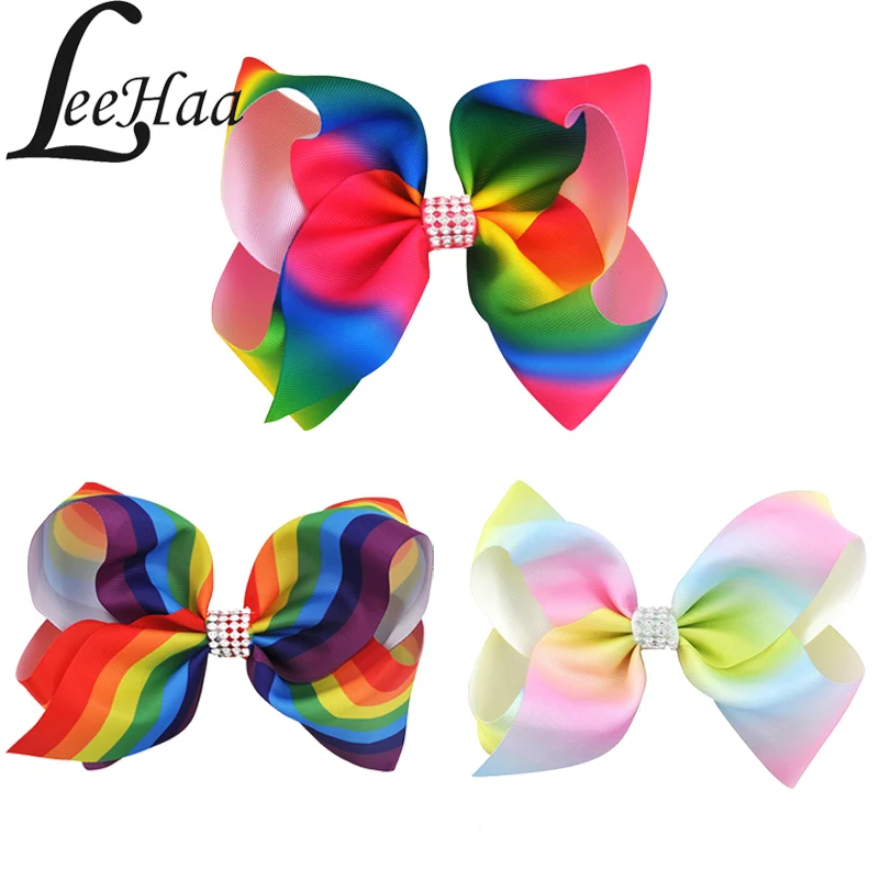 

3PCS 8 Inches Girls Rhinestone Hair Bows Children Hairpins Ribbon Colorful Rainbow Bows Hair Clips Fastion Kids Hair Accessories