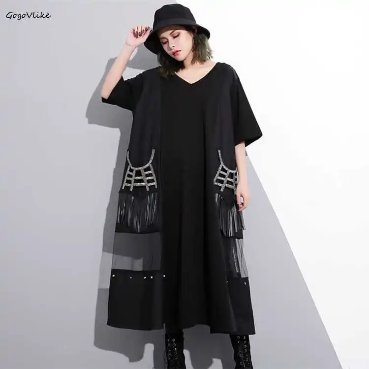 

Black V Neck Dress Large Size 2019 Summer Women Plus Size Shirt Dresses Beading Tassel Patchwork Dress Women Clothing LT263S50