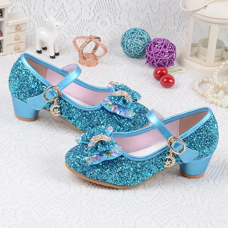 Детская обувь с блестками; Enfants; коллекция года; детская Свадебная обувь принцессы на высоком каблуке для маленьких девочек; Праздничная обувь для девочек; цвет розовый, синий, золотистый
