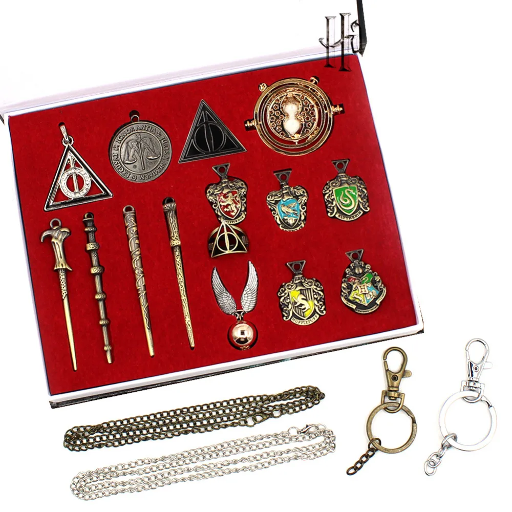 

harry Hermione magic wands keychain for fans necklace Quidditch Magic school badge Children's gift box set