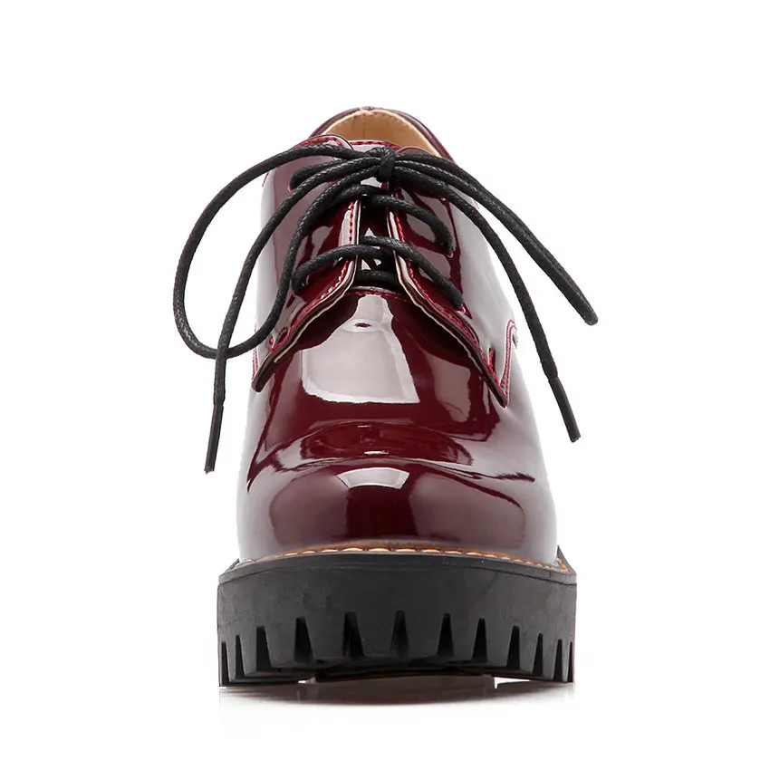 ESVEVA/ г. Женская обувь из лакированной кожи красного и черного цвета туфли-лодочки на толстом высоком каблуке повседневная обувь из PU искусственной кожи на шнуровке с круглым носком на платформе Большие размеры 34-43