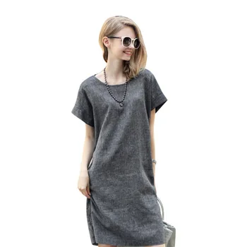 

Women Casual Loose Cotton Linen Dress Short Sleeve Tunic Belt Dresses