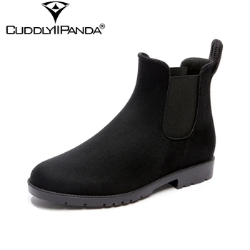 

CuddlyIIPanda 2019 New British Style Suede Fashion Rain Boots PVC Women Chelsea Boots Waterproof Ankle Boots Red Botas Mujer