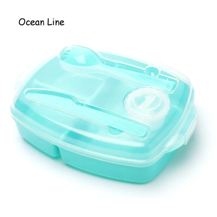 2016 New Portable 3 Compartments Bento Lunch Box Dinnerware Set With Spork Knife Dressing font b
