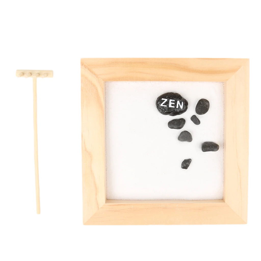 Table Desk Zen Garden Sand Wood Tray Natural Stones Rake Meditation Craft Home Table Decor Miniature 