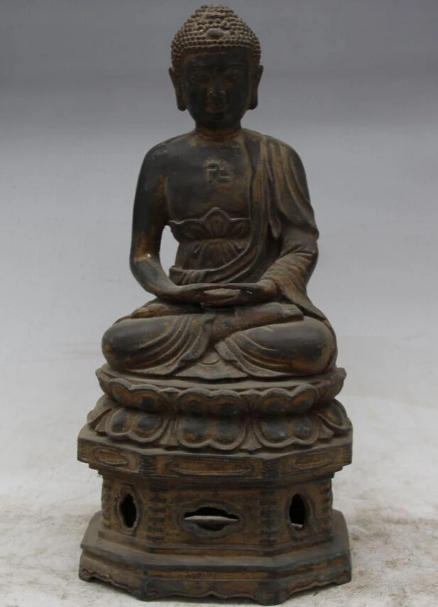 

USPS to USA S1892 14" Old Signed Chinese Ming Yong Le Bronze Shakyamuni Amitabha Buddha Statue (B0328)