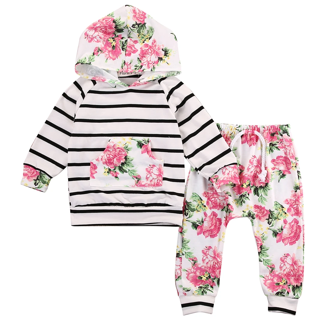 Baby Girl 2pcs Set Outfit Flower Print Hoodies with Pocket Top+Striped Long Pants