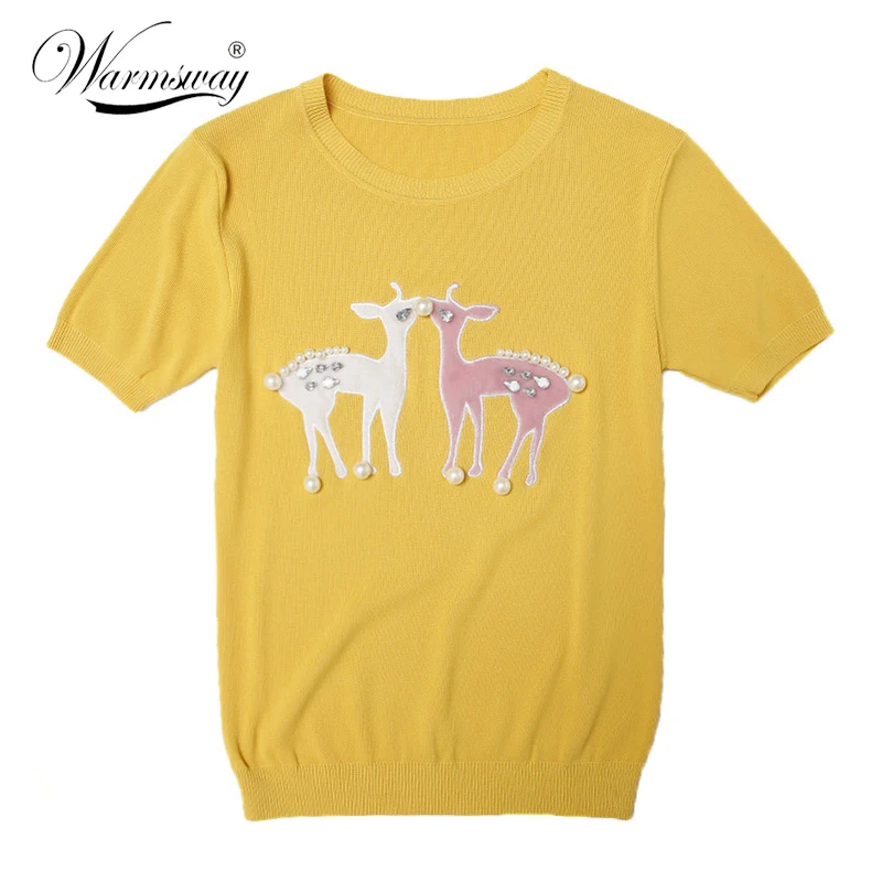 Vintage knitted T-shirt Summer and Autumn Pearl Beading Short Sleeve Tee Deer embroidery  Sweater Casual tops streetwear  B-068