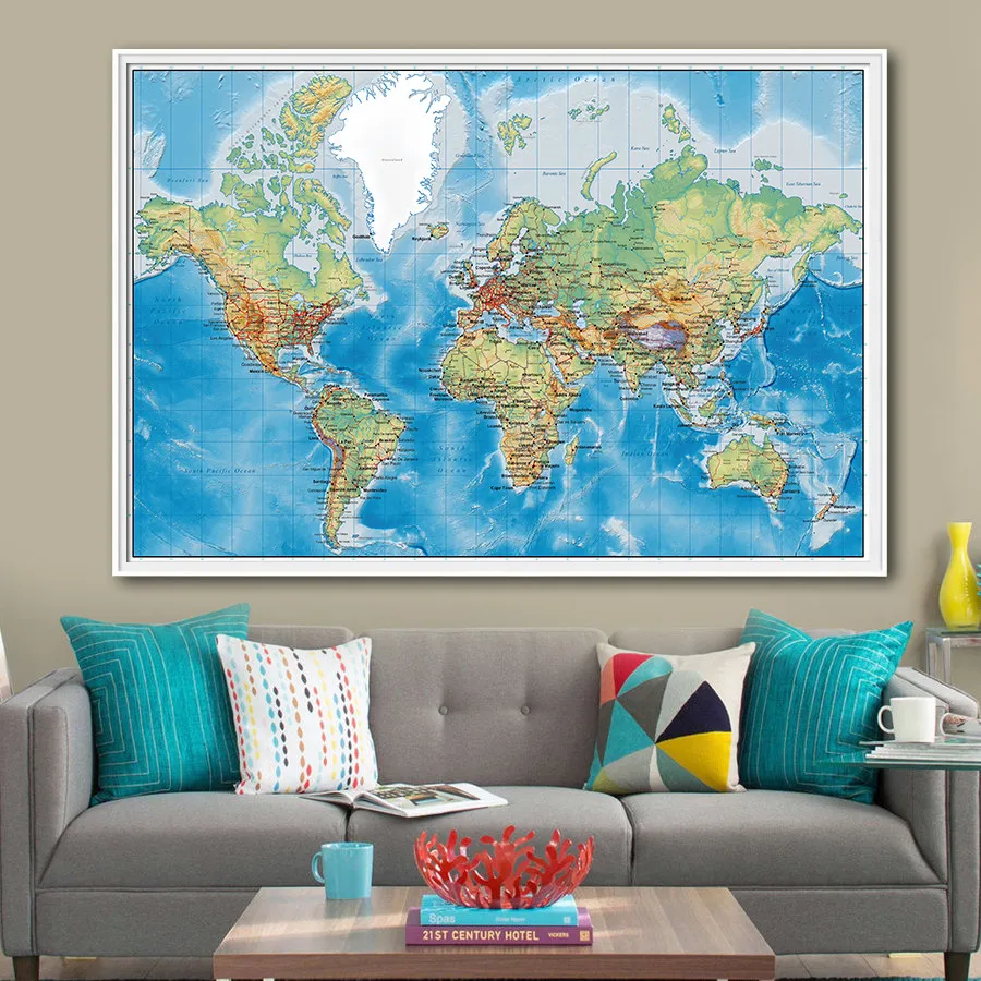 Fabric Canvas Poster Vintage Universal Geographic World Map Bar Cafe Decor S03 