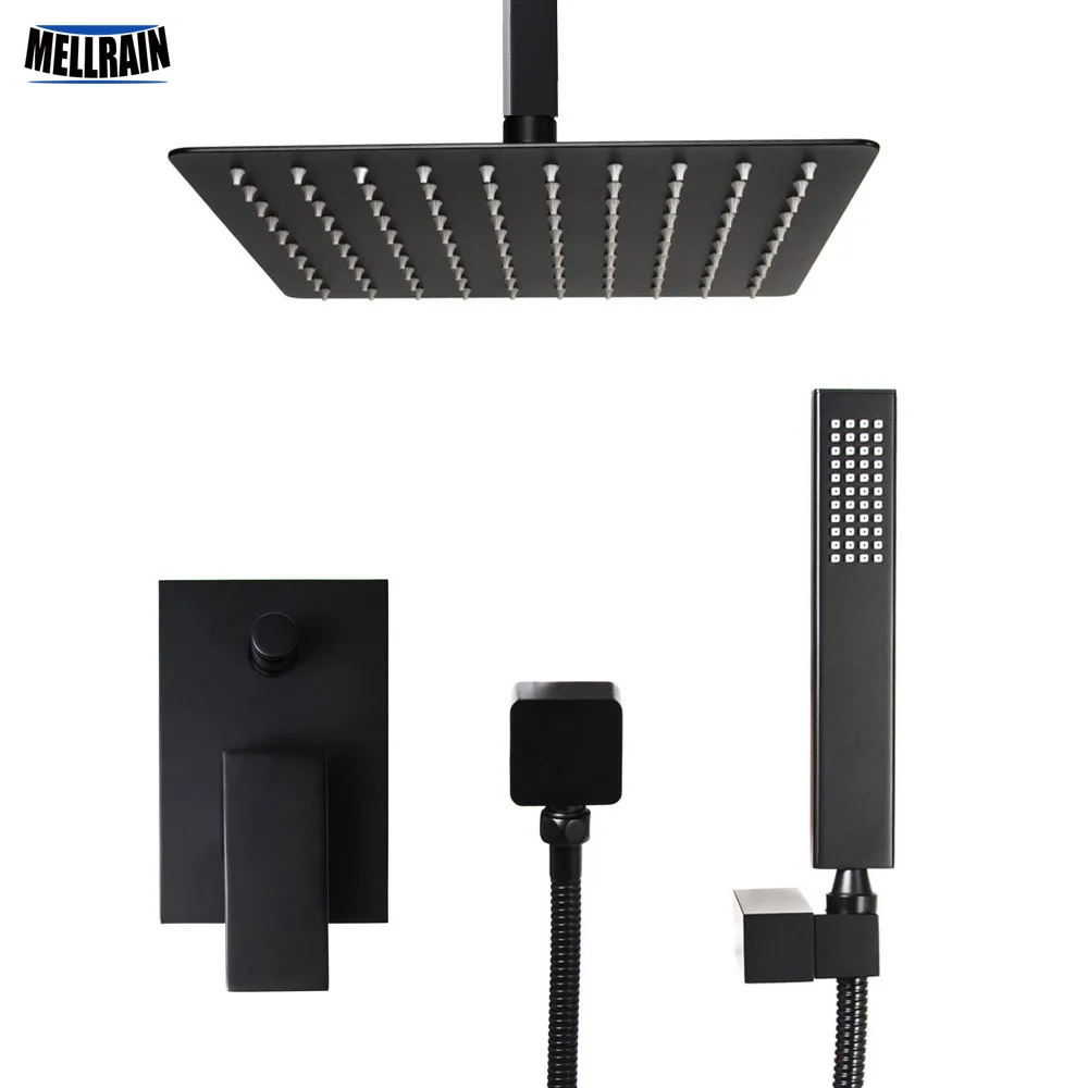 Goedkoop Badkamer vierkante ontwerp in plafond douche set black plated bad diverter mengkraan 8 10 12 inch regendouche
