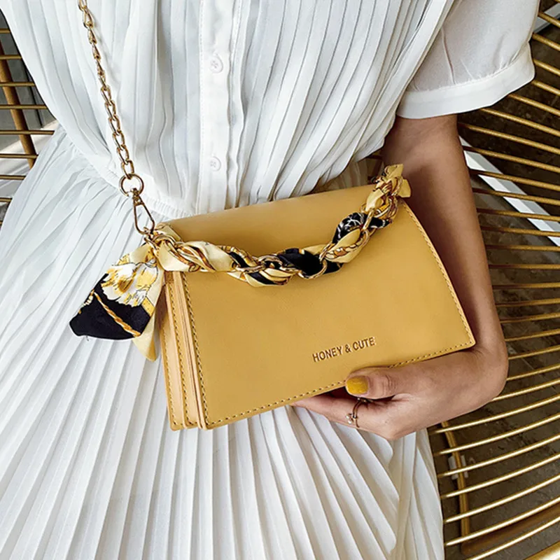 

Advanced Casual Women Shoulder Bag with Scarves Quality PU Leather Women Messenger Bag Designers Ladies Chain Square Bag