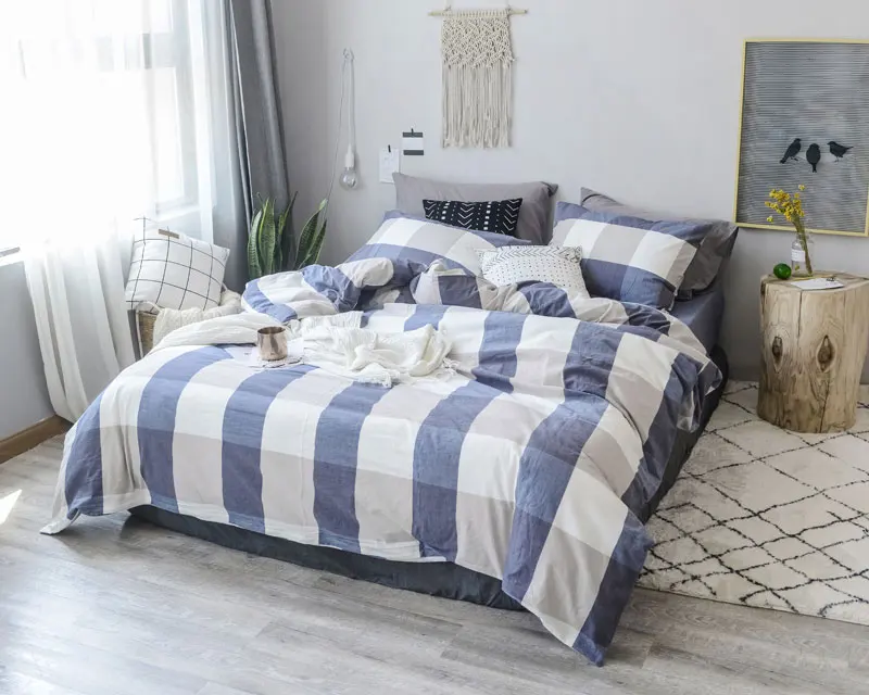 

japan style plaid washed cotton bedding set Bed Set Duvet Cover soft linen sheet bed set Queen King size bed cover set