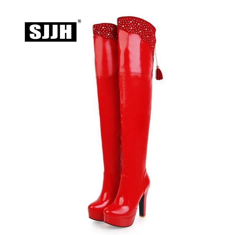Q460 Largo Mujeres Chunky rojo Sobre Punta De Rodilla Con Botas Moda La Super Sjjh blanco Redonda Tamaño Negro Gran Plataforma Cristales xTndBwqBSE