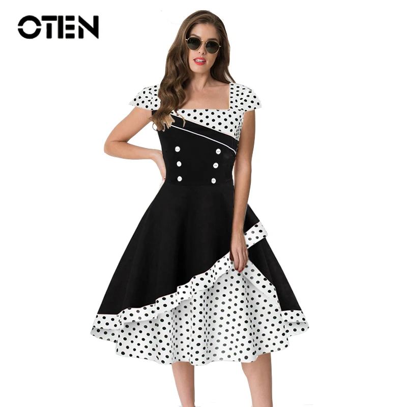 Kopen OTEN Zomer jurk 2019 schattige pin up vintage retro 50s 60s Elegante Vrouwen Polka dot Gedrukte korte mouwen party gown skater jurken