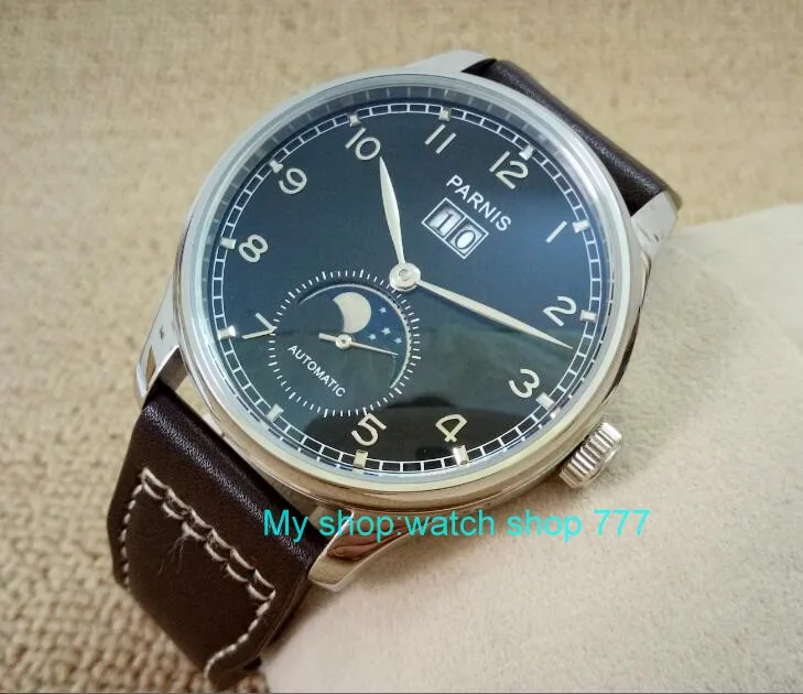 43MM PARNIS Asian ST25 Automatic Self-Wind movement Black dial men's watch Moon Phase Mechanical watches  SS8