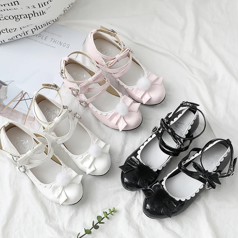 

Maid Japanese Cute Bow Venonat Chunky heels Shoes Sweet Lolita Cosplay Young Girl Uniform Princess Round Head PU Shoes 3 Colors