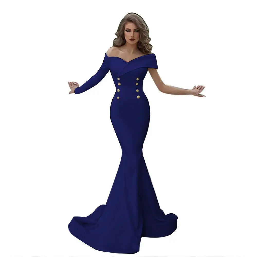 Женское вечернее платье-труба, вечерние платья с открытыми плечами и длинным рукавом, официальное свадебное платье США - Цвет: Синий
