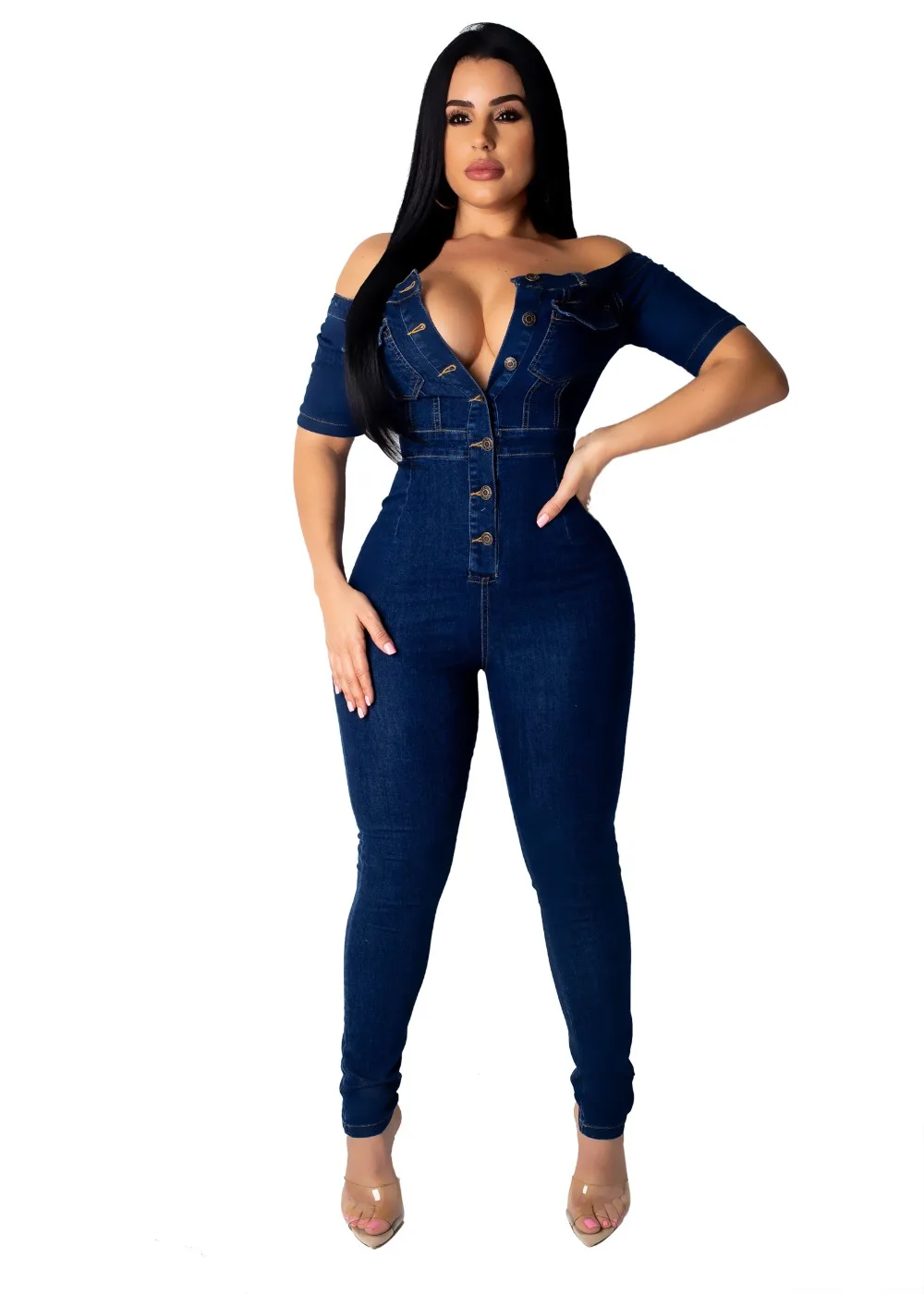 Wjustforu сексуальный обтягивающий джинсовый комбинезон для женщин с вырезом лодочкой, Модный облегающий джинсовый комбинезон, женский элегантный комбинезон с коротким рукавом на молнии