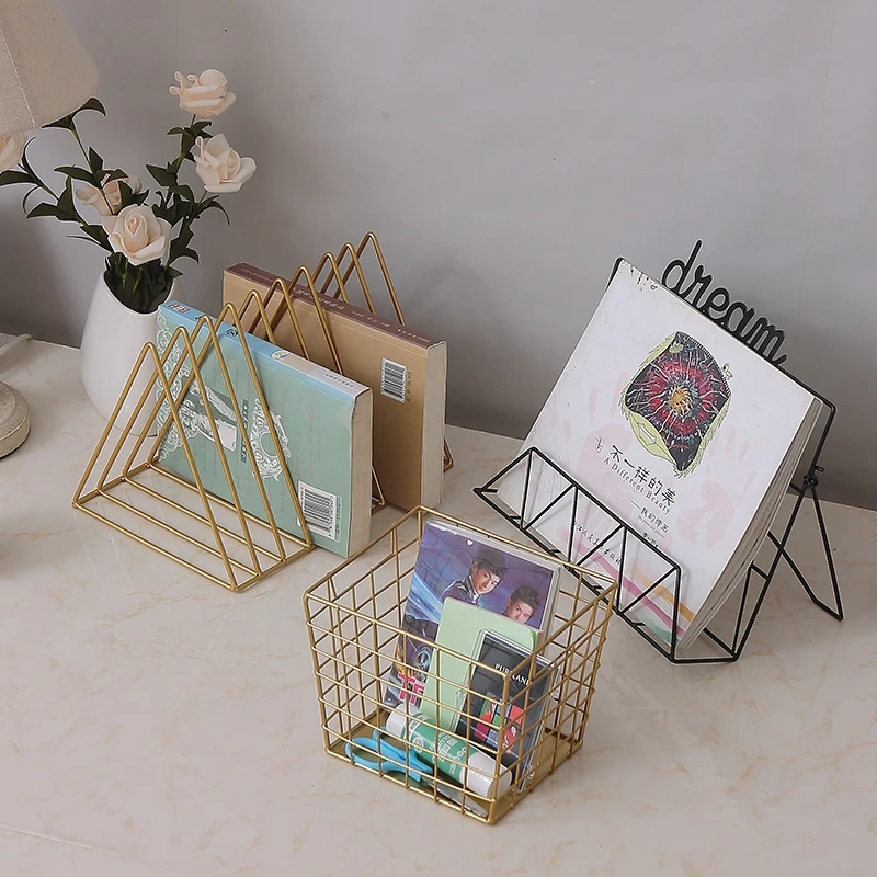 

Golden Iron Bookshelf Creative Multifunction Metal Basket Living Room Desktop Decoration Magazine Book Display Sundry Organizer
