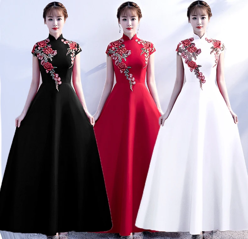 Черные атласные длинные Qipao длинные с новогодней елкой, бумажный Тонкий ретро Qi Pao женские античные платья восточное платье для выступлений