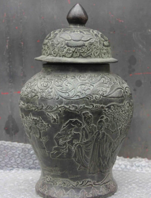 

150701 S2314 Chinese Copper Bronze court lady belle statue Longevity Flower Pot Crock Vase