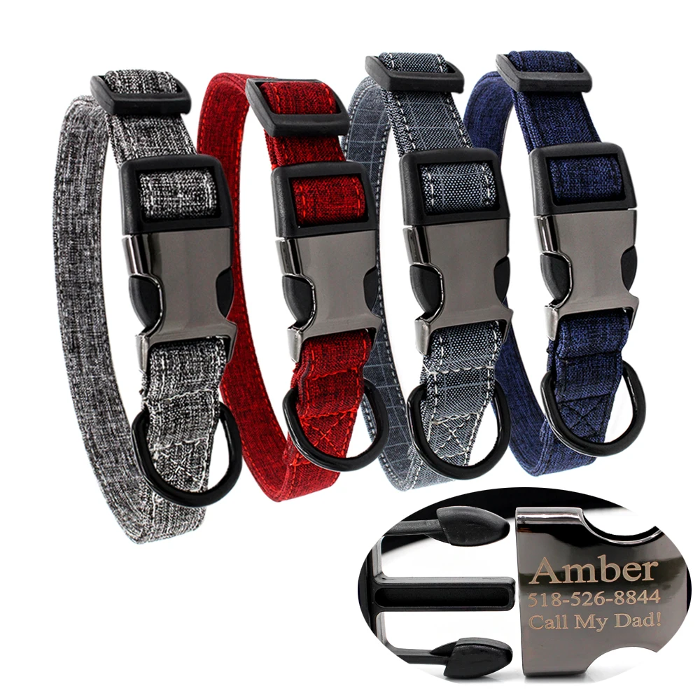 

Class Plaid Dog Collars Personalized ID Nylon Pet Custom Engraved Name Cat Leather Necklace Adjustable For Small Medium Large
