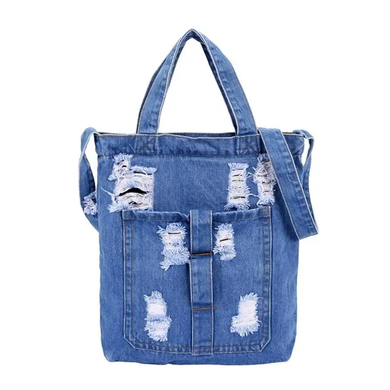 

Fashion Denim Ripped Women Shoulder Bag Shopping Style Top Handle Women Large Capacity Handbag Crossbody Messenger Tote Bags