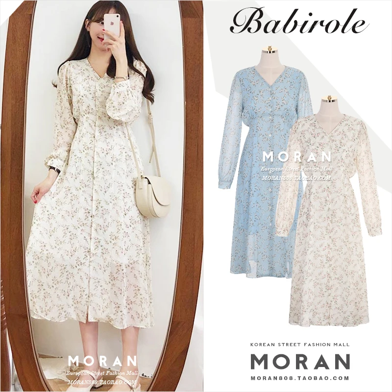 

Sweet Lady Little Flower Print Chiffon Dress V Neck Puff Sleeve Kawaii Long Dress Spring Robe Longue Soft Vestido Largo Vestiit