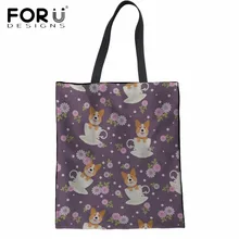 FORUDESIGNS/милые чашки чая корги напечатанные женские сумки многоразового использования для покупок женские холщовые сумки-тоут экологически чистые сумки для покупок женские