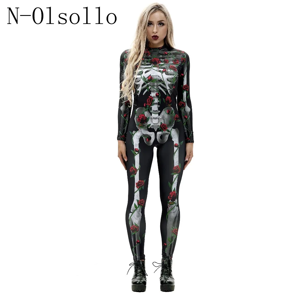 N-olsollo Harajuku Скелет ребра 3D Хэллоуин стили готика цельный тело женские комбинезоны