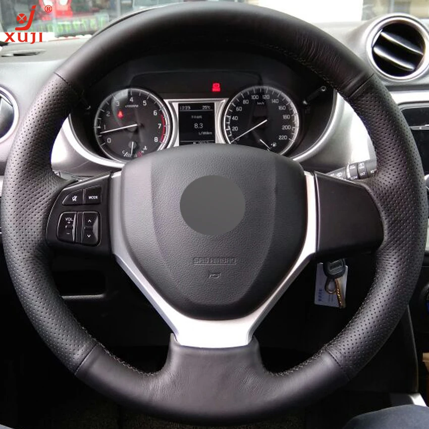 XUJI Black Leather Hand stitched Car Steering Wheel Cover for Suzuki