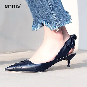 

ENNIS 2019 Summer Pumps Women Shoes Pointed Toe Heels Genuine Leather Slingback Pumps Ladies Black Apricot Bow Tie Shoes P865