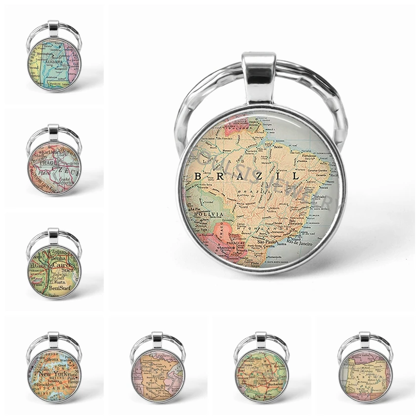 

2018 Newest Metal Key Chains Handmade Vintage Brazil World Map Earth Geography Key Chain Glass Dome Keychains for Men Women Gift