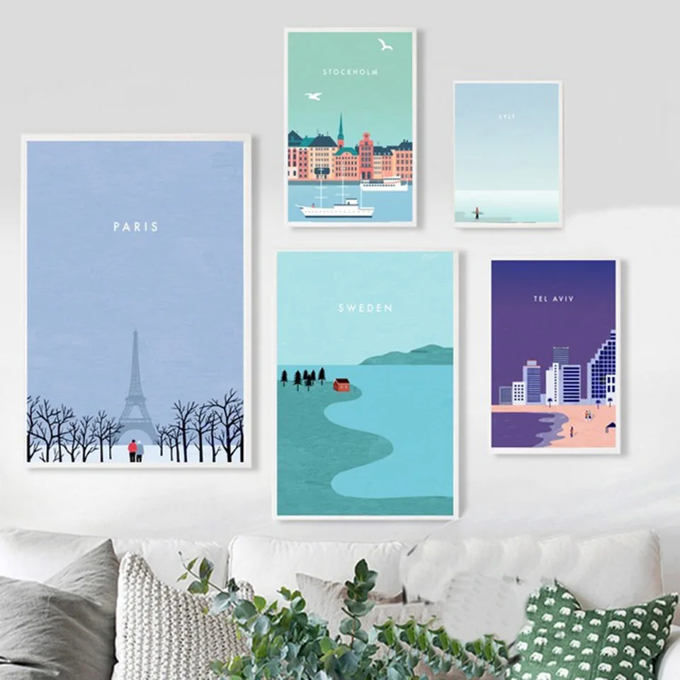 

Wall Art Print Hd Nordic Painting Style Cartoon Paris Stockholm Surfing Scenery Travel Poster Modular Canvas Pictures Home Decor
